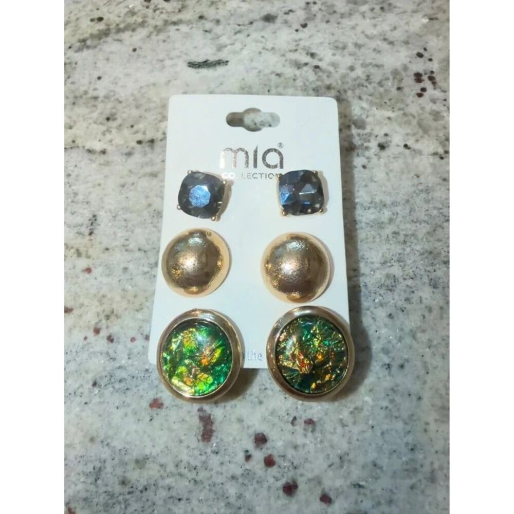 Mia Collection 3-Pair Stud Earrings Set - Gold Tone & Green Iridescent